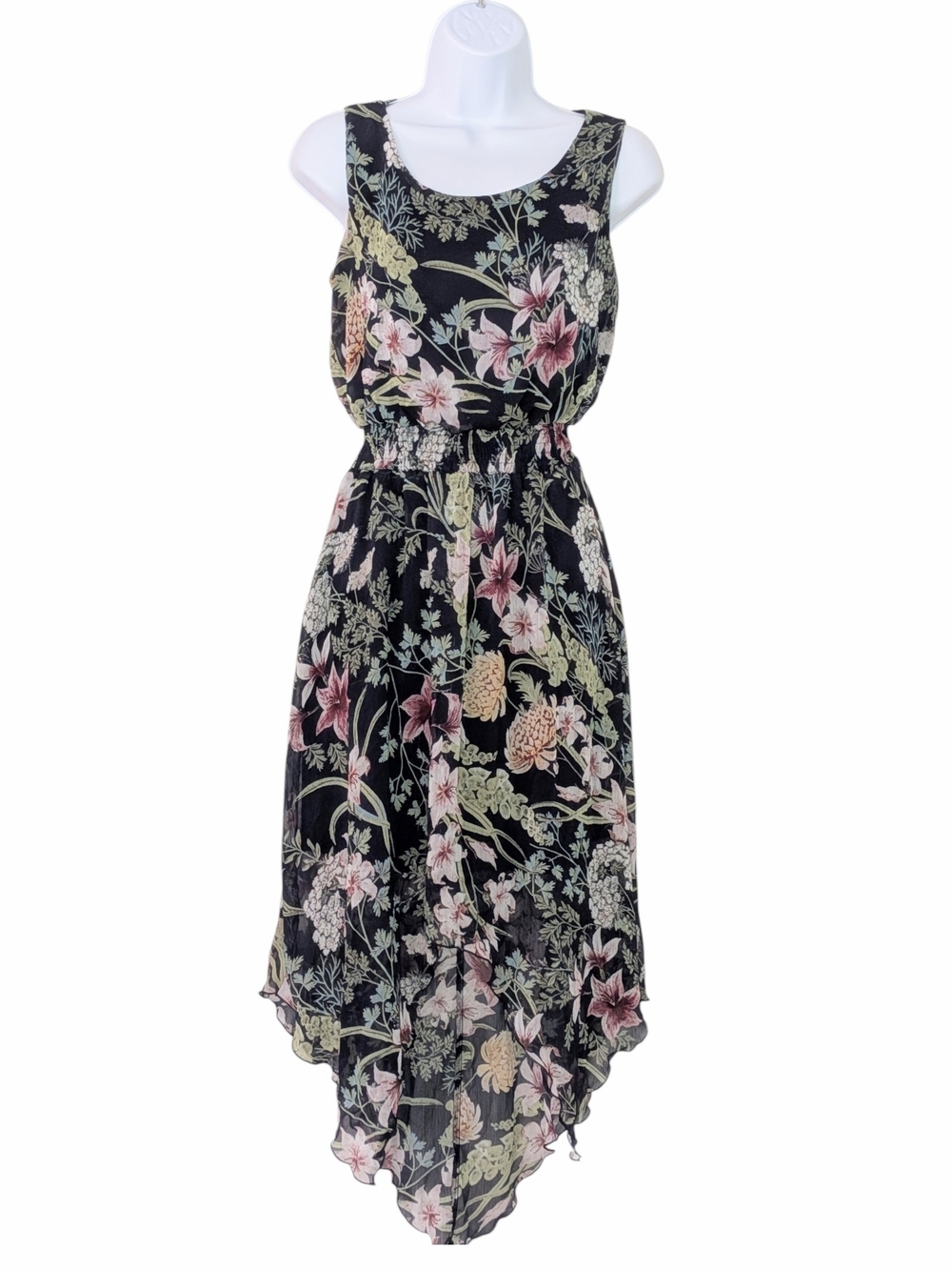 Enfocus Studio Dark Navy Blue Floral Sleeveless High-Low Handkerchief Hem Dress